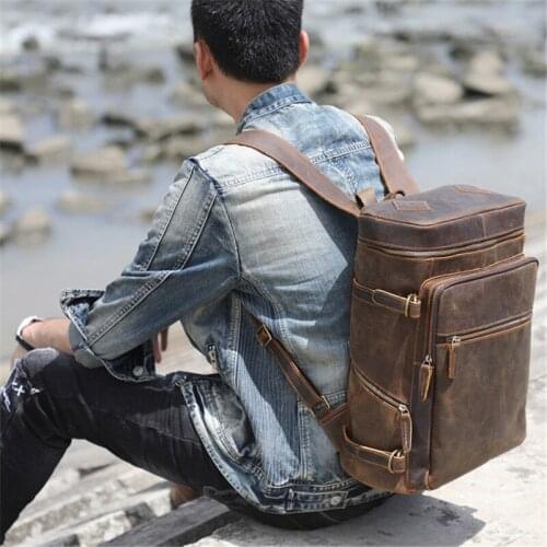 Retro fashion crazy horse leather mens large-capacity bucket backpack outdoor travel real cowhide youth notebook school bag