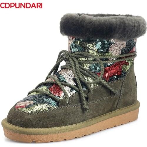 New 2021 Genuine Leather Wool Snow Flat Platform Ankle Boots For Women Winter Short Boots Shoes Bottines Femme