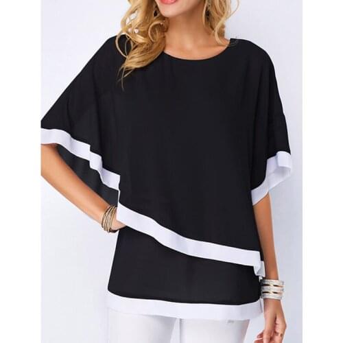 Autumn Chiffon Blouse Women Casual O-Neck Solid Patchwork Fashion Half Of Sleeve Blouse Black And Blue Feminine Blouses