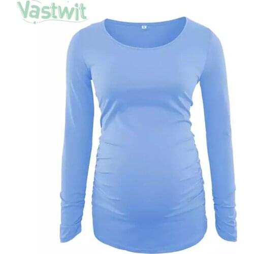 Autumn Maternity Clothes Pregnant Women Long Sleeve Solid Color O-neck T-shirt Tops Pregnancy Side Ruched Blouse Casual Tee