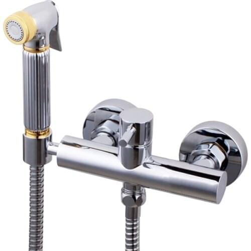 Free ship Gold pvd+Chrome Wall Mounted Handheld Bidet Spray Shattaf douche Kit Sprayer Jet + Hot&Cold Mixer Valve New