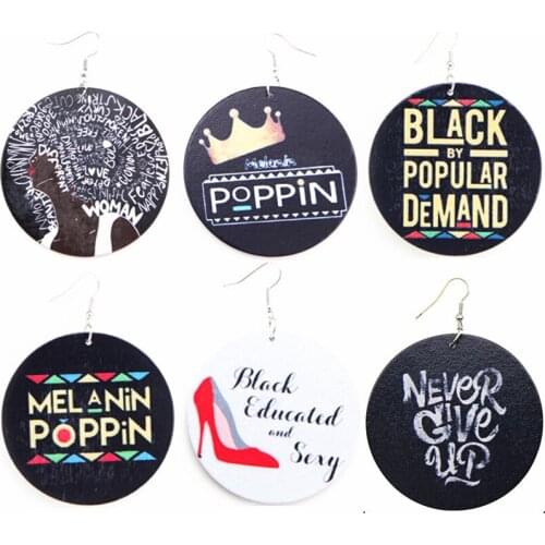 SANSHOOR Black Sayings Melanin Poppin Printed Wooden Drop Earrings African Dangle Earrings Jewelry For Women Gift 6 Pairs