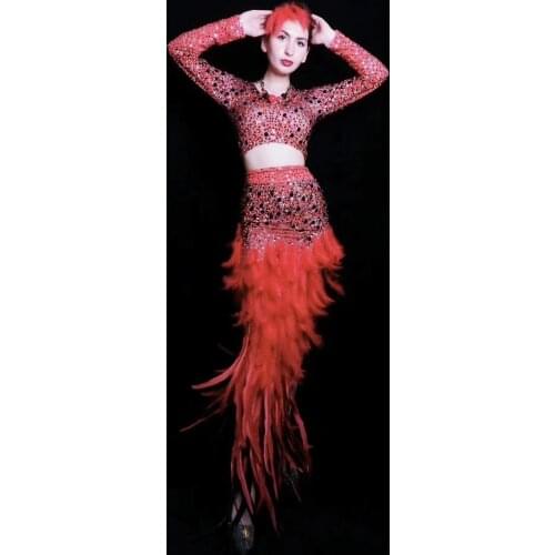 2020 Red Rhinestones T-shirt Feather Long Skirt Birthday Celebrate Clothes set Prom Party Bar Women Dancer Outfit Set