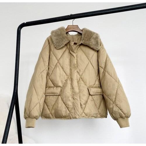 Faux fur collar rhombus pattern thickened ladies cotton-padded jacket cold-proof ladies jacket