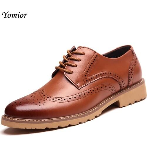 Yomior New Autumn Winter Classic Men Genuine Leather Brogue Shoes for Mens Handmade Lace-up Casual Business Office Work Zapatos