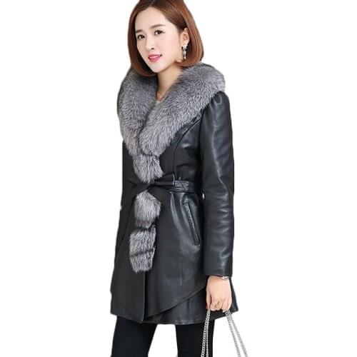 Plus size Imitation Fox fur collar Washed leather Jacket Womens long PU leather Jackets Winter Casual Warm Overcoat 4XL F1084