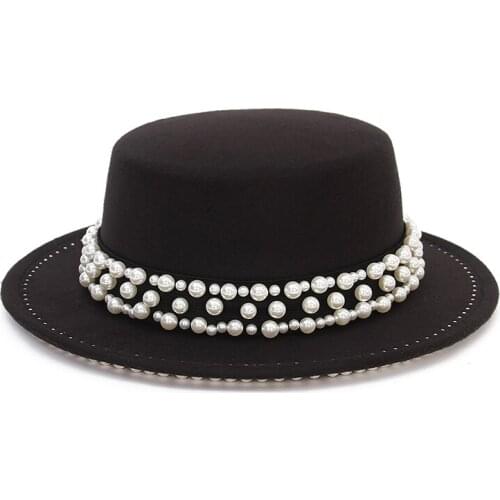 Pearl Chapeau Femme Vintage Fashionable Black Top Hat Felt Sombrero Bowler Church Trilby Hats For Women Gorra Mujer