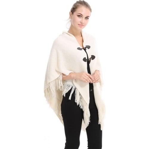 New Cape Femme Hiver Horn Button Solid Irregular Double Layer Tassel Autumn Winter Poncho For Women Blue Red Pink White Shawl