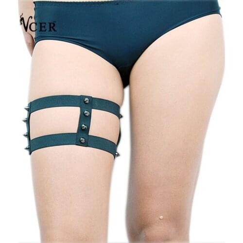 JLX.HARNESS Polyester Garters Womens Sexy Body Harness Goth Punk Full Rivet Leg Harness Black Thigh Garter Belt Straps P0037