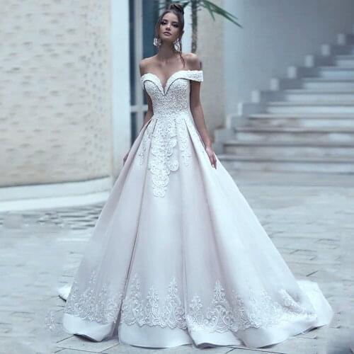YIWUMENSA Elgant A Line Wedding Dresses Custom Made Off The Shoulder V Neck Short Sleeves Satin Pleated Women Bridal Gowns 2021