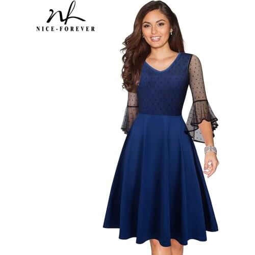 Nice-forever Women Elegant Lace Trumpet Sleeve vestidos Retro A-Line Party Female Dress A050