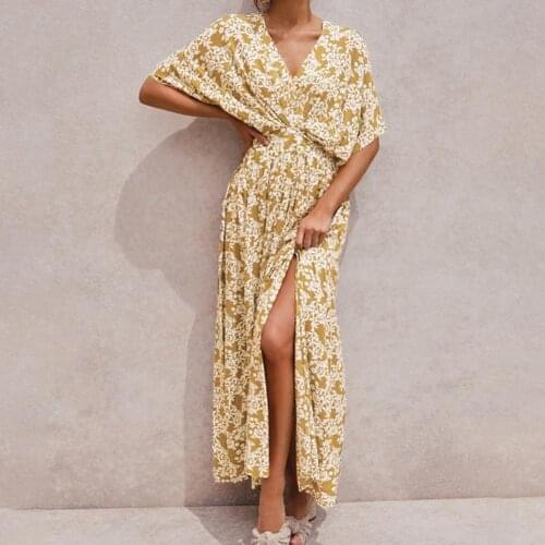 Summer Fashion Floral Print High Waist Split Dress Polyester Batwing Sleeve Dress for Women Party Sexy 2021