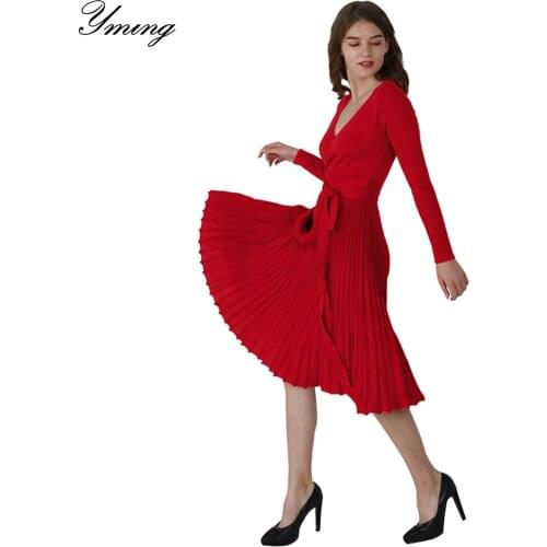 Yming Autumn Casual Knit Dress Vintage V-neck Pleated Belt Dresses Midi Sweater Party Long Sleeve Bodycon Vestidos for Women