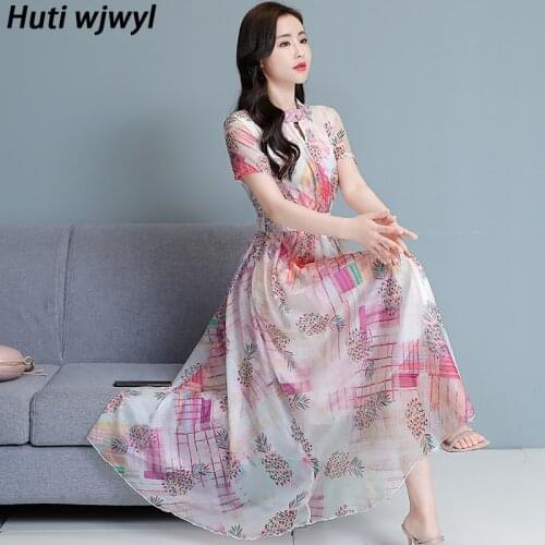 Spring Summer Plus Size Print Vintage Casual Pink Dress Women Bodycon Party Vestidos 2021 Chiffon Beach Vacation Boho Maxi Dress