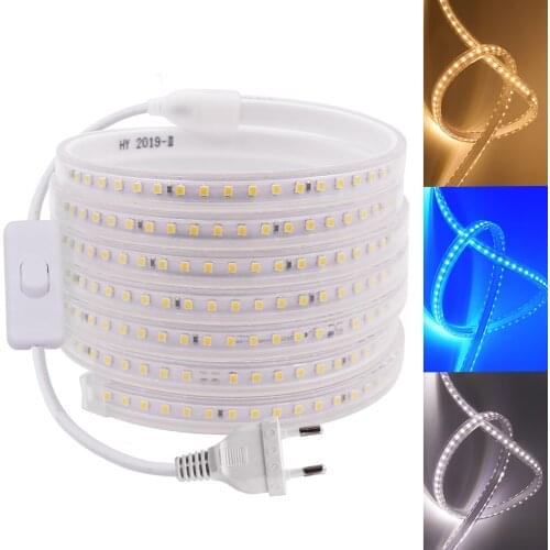 220V LED Strip IP67 Waterproof White Blue 120leds/m 2835 Flexible Ribbon Tape Light Lamp + EU Switch