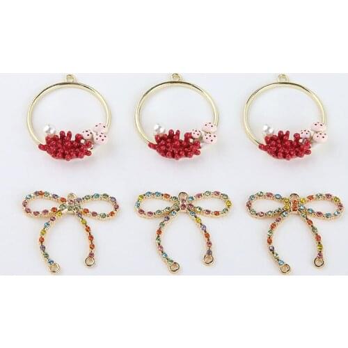 4pcs Korean Elegant Rhinestone Earrings for Women bowknot seabed coral pearl hollow round pendant DIY jewelry earring material