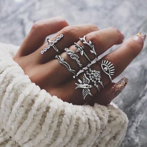9pcs/set Vintage Little Bird Cross Knuckle Ring Sets For Women Bee Eye Geometric Figure Rings Female Bohemian Jewelry
