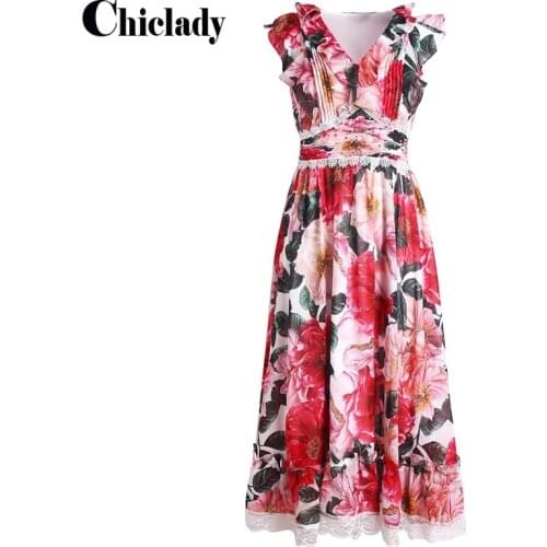 CHICLADY runway designer luxutry midi dress for women party night red flower printed sleeveless patchwork lace haut femme robe