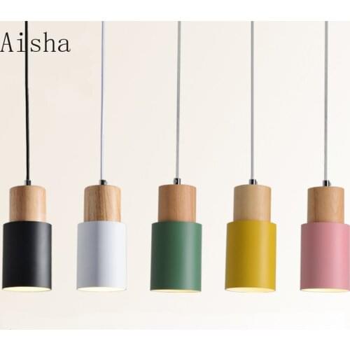 Designer Nordic Simple Wood Pendant Lights Led Hang Lamp Colorful Aluminum Fixture Kitchen Island Bar Hotel Home Decor E27