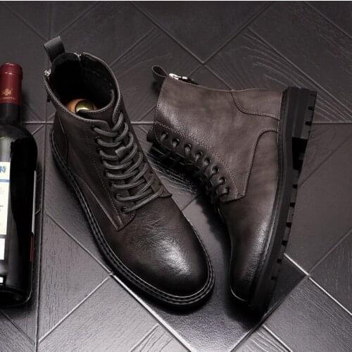 ERRFC Fall Winter Men Black Leisure Motorcycle Boots Korean Lace Up high-top Round Toe Short Ankle Shoes Chaussure Hombre 38-43