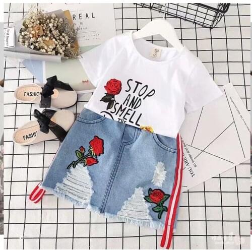 Two Pieces Cotton Girls Clothing Sets SummerSleeveless Children Sets T-shirt + Denim Clothes Suit Casual Floral Outfits 1-5T