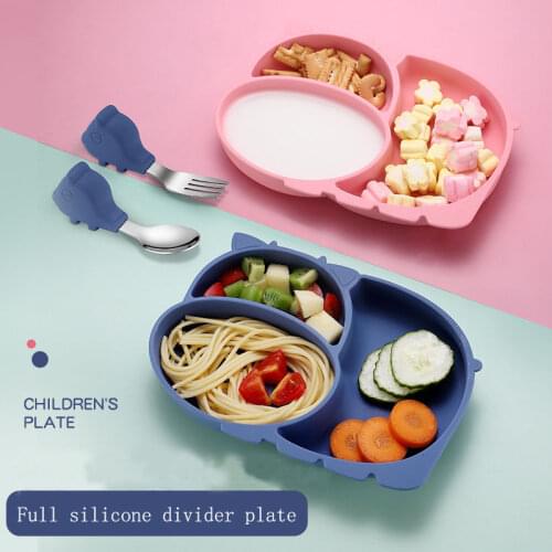 Cartoon Calf Childrens Tableware Set Portable Silicone Plate Strong Suction Cup Bowl Baby Stainless Steel Spoon Fork BPA Free
