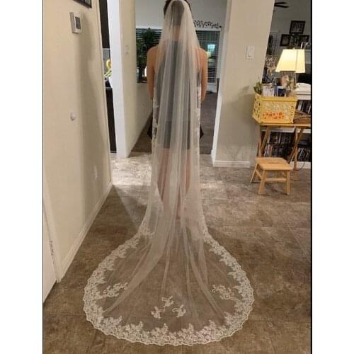 ONE TIER wedding lace veil ivory lace trim veil lace applique cathedral veil, long bridal veil, white veil & vomb