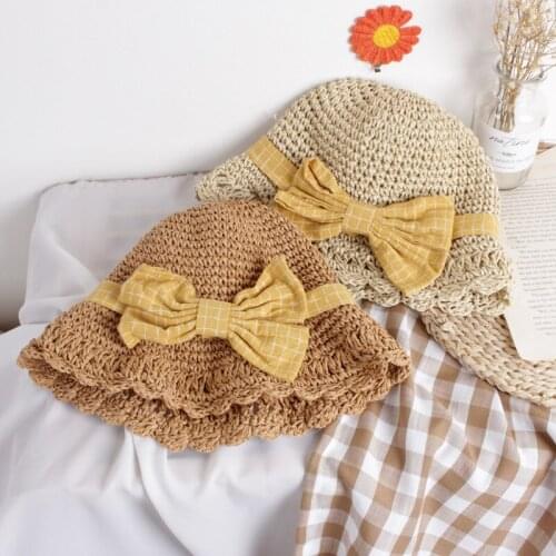 New Handmade Bowknot Children Bucket Hat Summer Kids Girls Straw Sun Hat Baby Solid Color Breathable Fisherman Hat Accessories