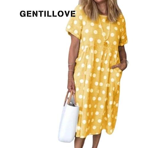 Gentillove Elegant Polka Dot Pockets Pleated Dress Boho Loose Dress for Women Casual Short Sleeve Beach Sundress Oversized