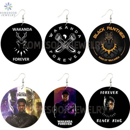 SOMESOOR Miss Our King Boseman Black Panther Wooden Drop Earrings Both Sides Printed Wakanda Forever Ear Loops For Women Gifts