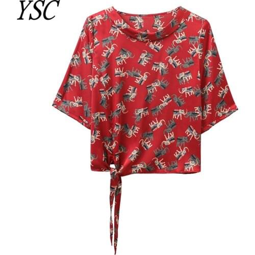 YSC 2021 New pattern Women Pure silk Sweater Round collar Printing decoration Half sleeve Fine yarn soft High-quality pullover 4