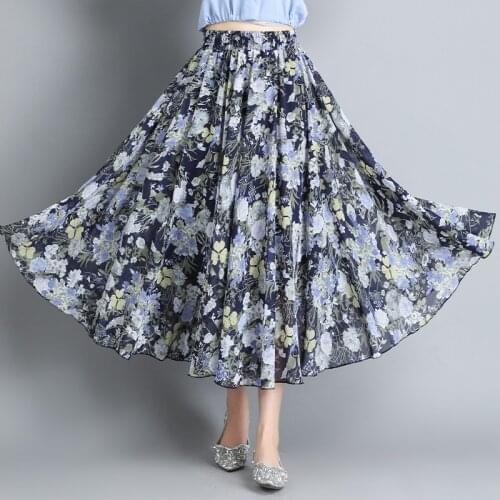 Chiffon Floral Big Swing Long Pleated Skirt for Women Summer Elegant Vintage Loose Oversized Casual High Waist Skirts Lady 2029