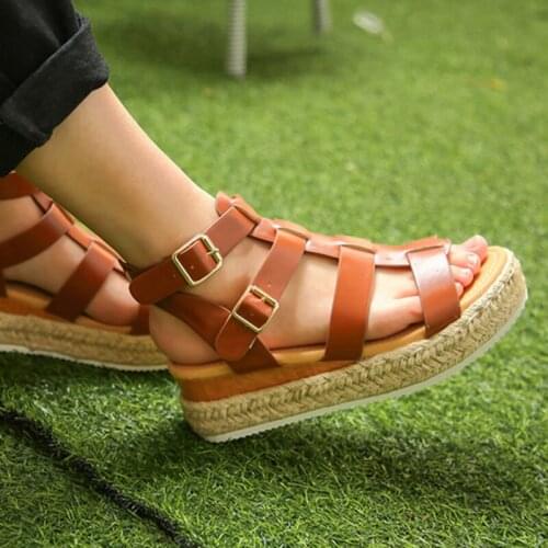 Women Sandals Summer Plus Size PU Gladiator Buckle Concise Female Shoes Hollowrivet Wedges Platform Round Toe