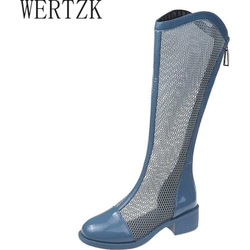 Womens Hollow Out Mesh Summer Knee High Boots 2021 Patchwork Pu Leather Square Heel Long Boots Woman Back Zipper Booties
