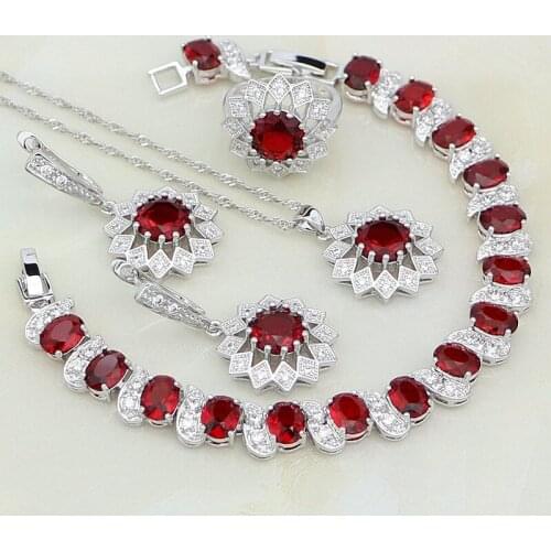 925 Sterling Silver Bridal Jewelry Red Cubic Zirconia White CZ Jewelry Sets For Women Earrings/Pendant/Necklace/Bracelet/Ring