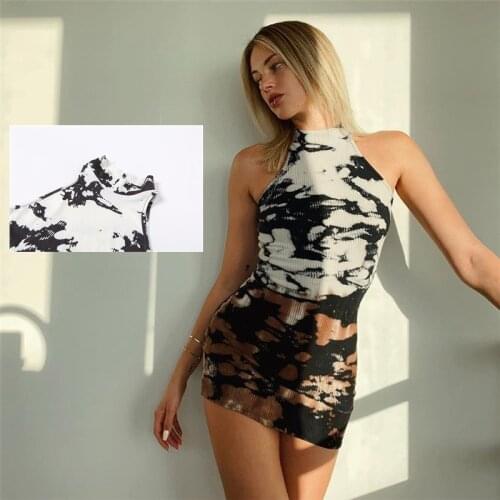 SKMY Summer New Round Neck Sleeveless Fashion Printing Slim Bag Hip Temperament Dress Bodycon High Quality All-Match Black Dress