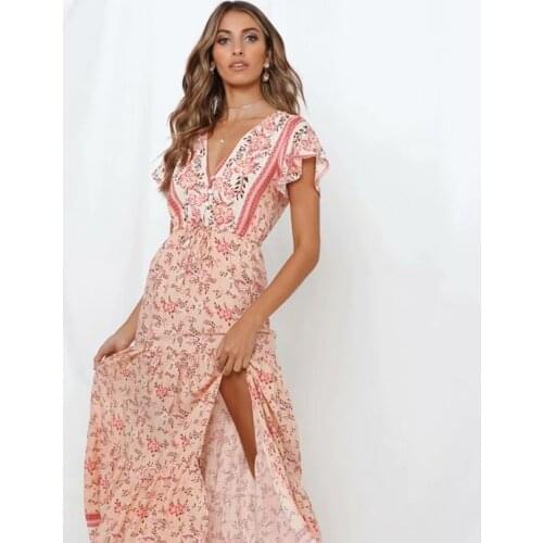 Chic Split Sexy Floral Printed Maxi Dress V Neck Ruffle Sleeve Vintage Vestidos Summer Beach Boho Casual Pop Long Women Dresses