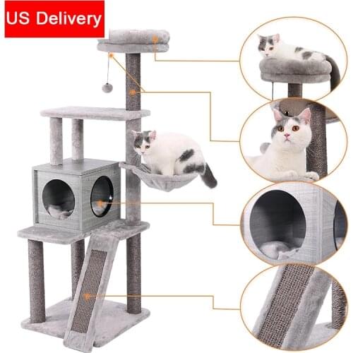 145cm Cat Tree 4 Levels Platform for Cats Featuring with Fully Scratching Posts, Hammock, Padded Perch and Dangling Ball