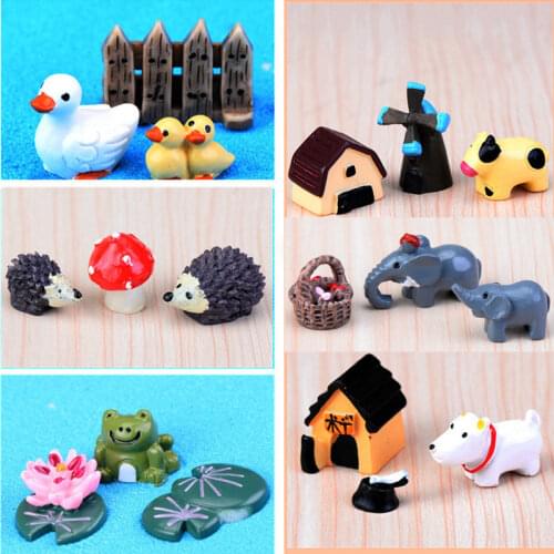 3PCS Kawaii Elephant Figurine Cow Pig Frog Duck Hedgehog Turtle Dog Cat Mini Fairy Garden Animal Statue Miniature Resin Craft