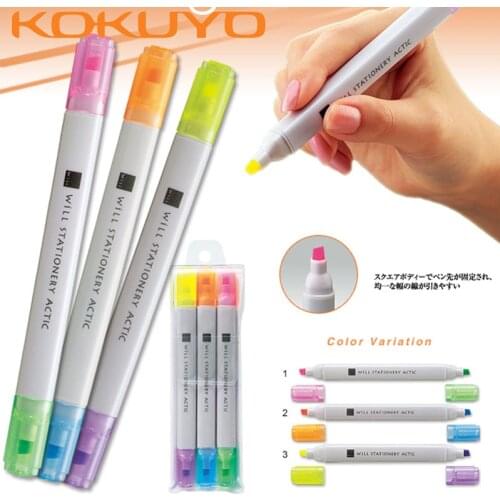 3Pcs Japan KOKUYO WILL Series F-WPM104 Highlighter Pen Double-headed Light-color Hand Account Dotted with Two-color Marker Pen
