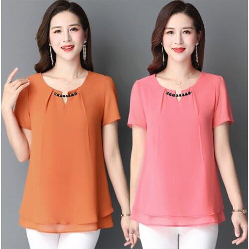 2021 New Summer Middle Aaged Women Fashion Casual Short Sleeve Blouse Tops Female Solid Color Loose Plus Size 4xl Shirt