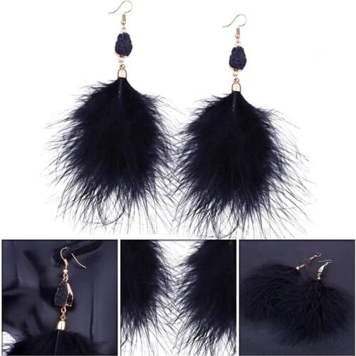 Bohemian Genuine Ostrich Feather Earrings Long Crystal Tassel Dangle Drop Earrings Jewelry For Women Wedding Jewelry
