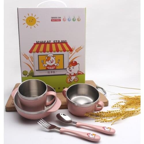 304 stainless steel childrens tableware suitChildren with a bowl of fork cup 5 setsWheat Straw kids Dinnerware Eco-Friendly
