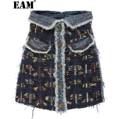 [EAM] High Waist Blue Denim Ribbon Spliced Tweed Burr Mini Half-body Skirt Women Fashion Tide New Spring Autumn 2021 1DE2310