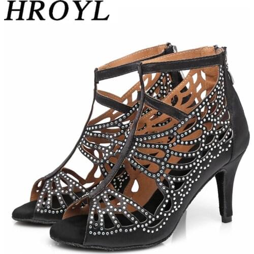 HROYL Latin dance shoes for girl women ladys Rhinestone ballroom professional Salsa tango party dancing shoes high heel L369