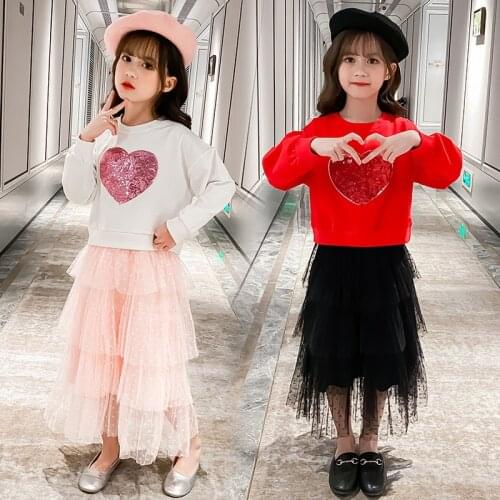 Girls Clothes Set Long Sleeve Love Sequins T-shirt+Long Skirt 2Pcs Girls Clothing Set Autumn Spring Children Clothes 4 6 8 10 12