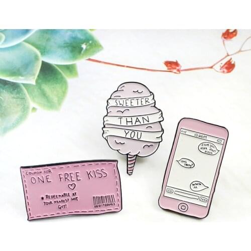 Creative Stamp Letters Phone Dialogue Brooch Marshmallow Coupon for Free Kiss Enamel Pins Badge Fun Jewelry Gift for Couple