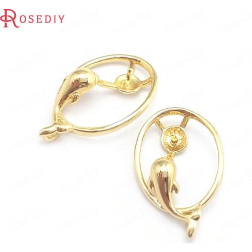 40383)10PCS 16.7x10.7MM 24K Gold Color Brass with Pearl Beads Base Dolphin Charms Pendants Jewelry Making Supplies Diy Findings