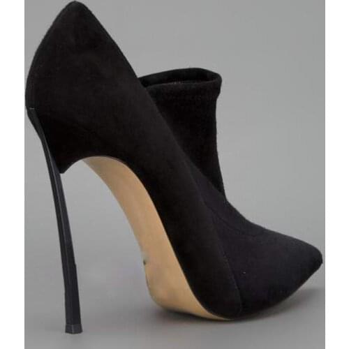 Fashion Woman Stretch Suede Slip On Ankle Boots Metal Blade High Heels Sexy Pointed Toe Roman Boots Female Short Boots