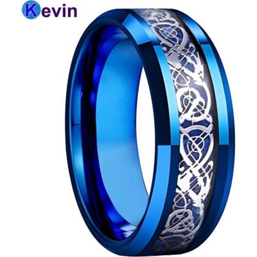 Men Women Wedding Band Blue Tungsten Ring With Blue Carbon Fiber And Dragon Inlay 8MM Comfort Fit